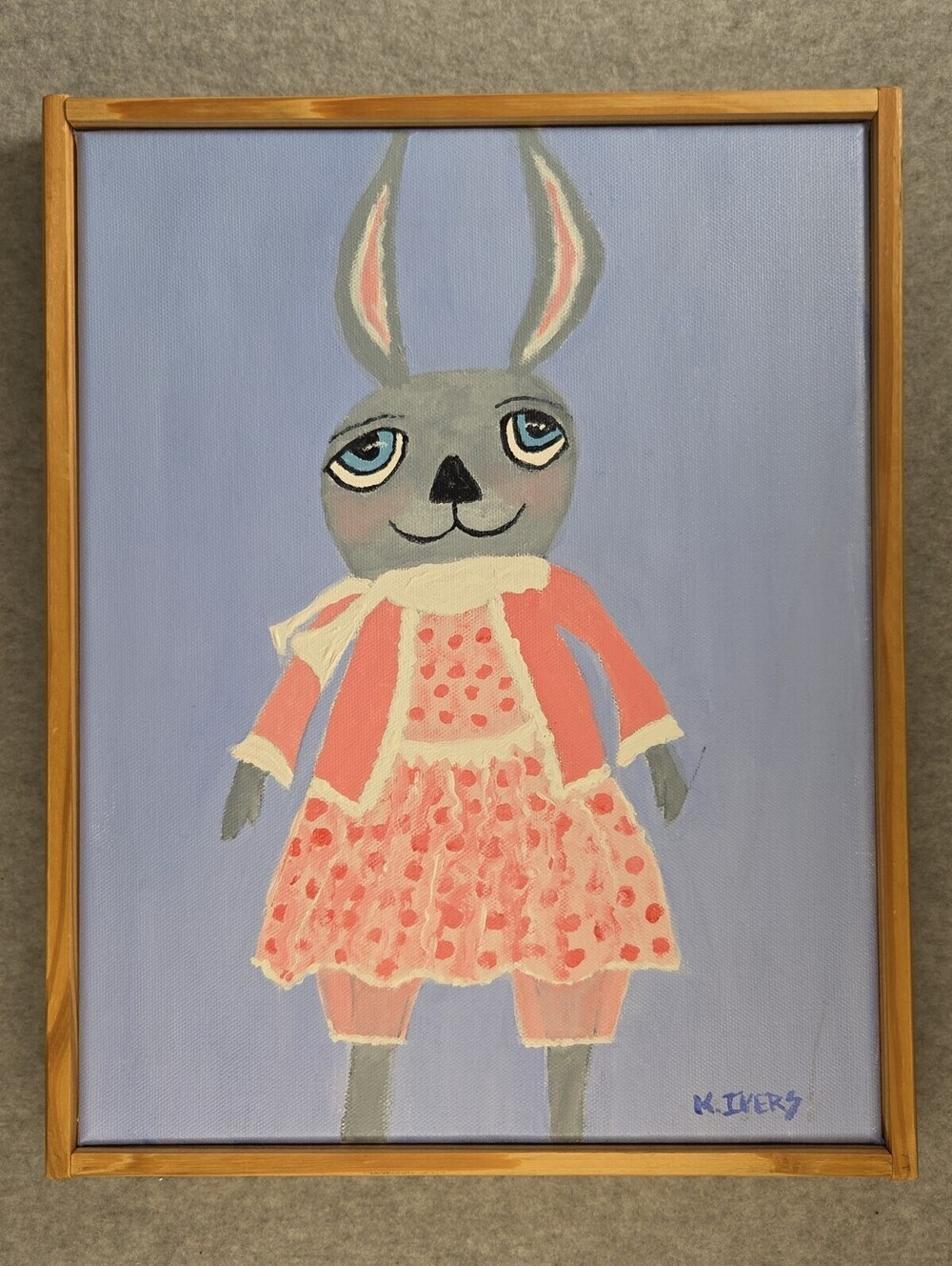 Nursery Wall Art Whimsical Gray Rabbit in Pink & Red Outfit Painting